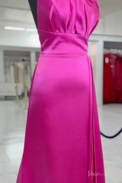 Hot Pink Satin Halter Prom Dress with Draped Bodice, Open Back & Sweep Train – SS167-prom dresses 2026-Viniodress-Hot Pink-Custom Size-