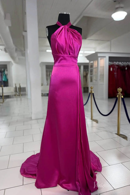 Hot Pink Satin Halter Prom Dress with Draped Bodice, Open Back & Sweep Train – SS167-prom dresses 2026-Viniodress-Hot Pink-Custom Size-