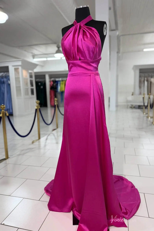 Hot Pink Satin Halter Prom Dress with Draped Bodice, Open Back & Sweep Train – SS167