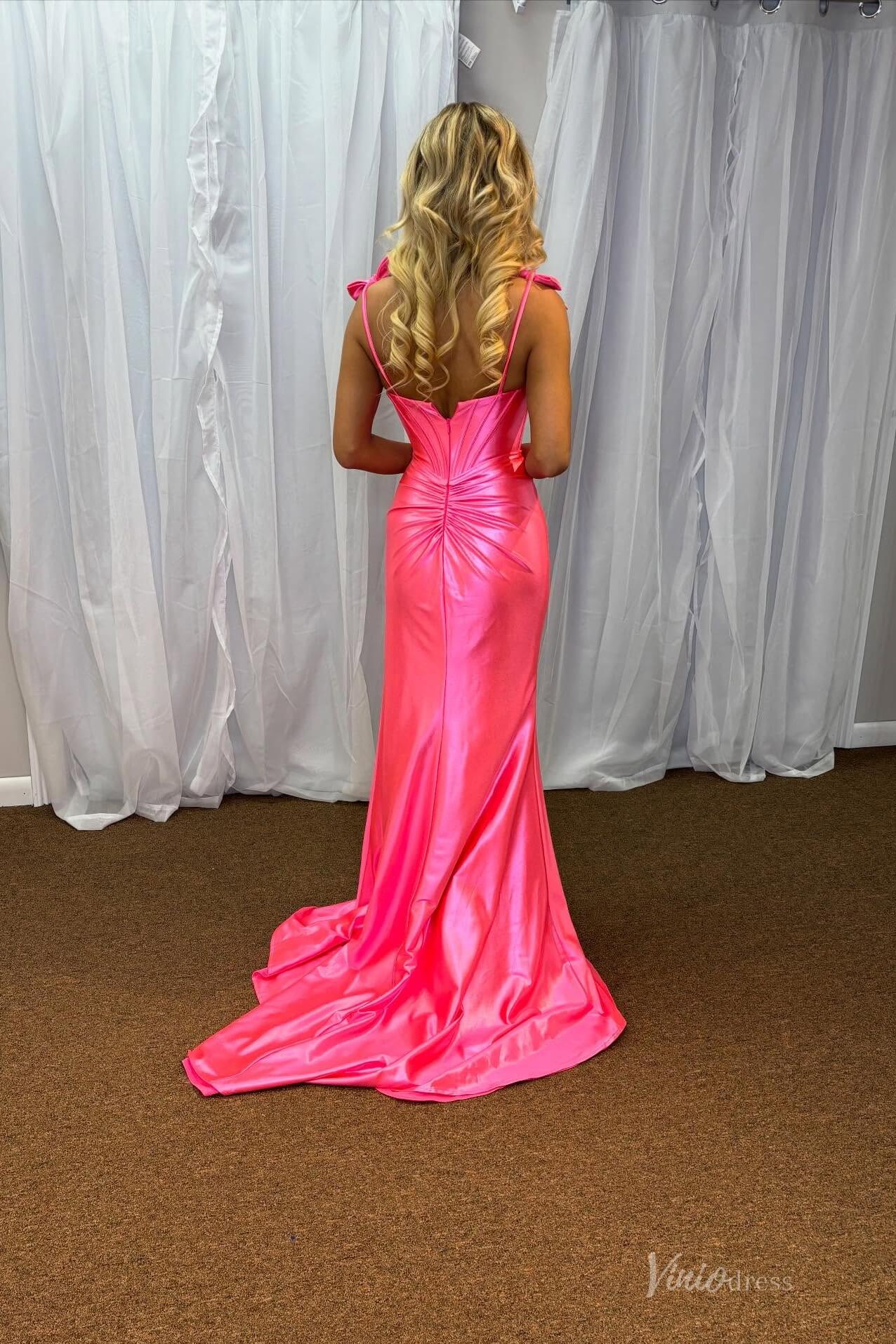 Hot Pink Satin Mermaid Prom Dress with Bow Straps, Ruched Bodice, High Slit & Sweep Train – SS138-prom dresses 2026-Viniodress-Hot Pink-Custom Size-