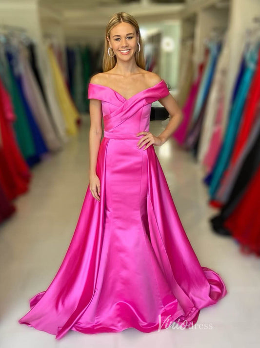 Hot Pink Satin Off the Shoulder Prom Dresses Overskirt Evening Gown FD3985-prom dresses 2025 -Viniodress-Hot Pink-Custom Size-