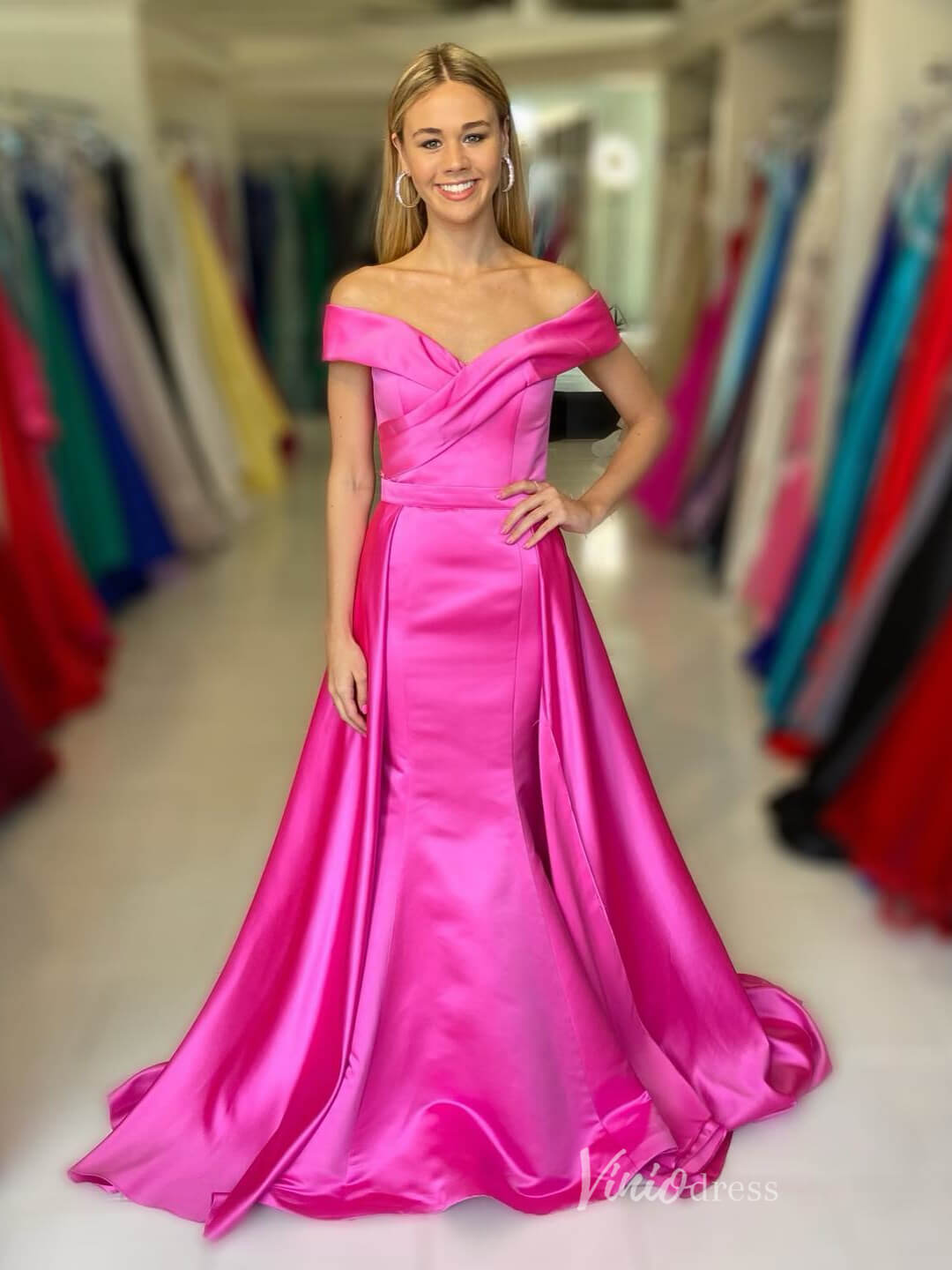 Hot Pink Satin Off the Shoulder Prom Dresses Overskirt Evening Gown FD3985-prom dresses-Viniodress-Hot Pink-Custom Size-Viniodress