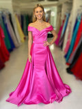 Hot Pink Satin Off the Shoulder Prom Dresses Overskirt Evening Gown FD3985
