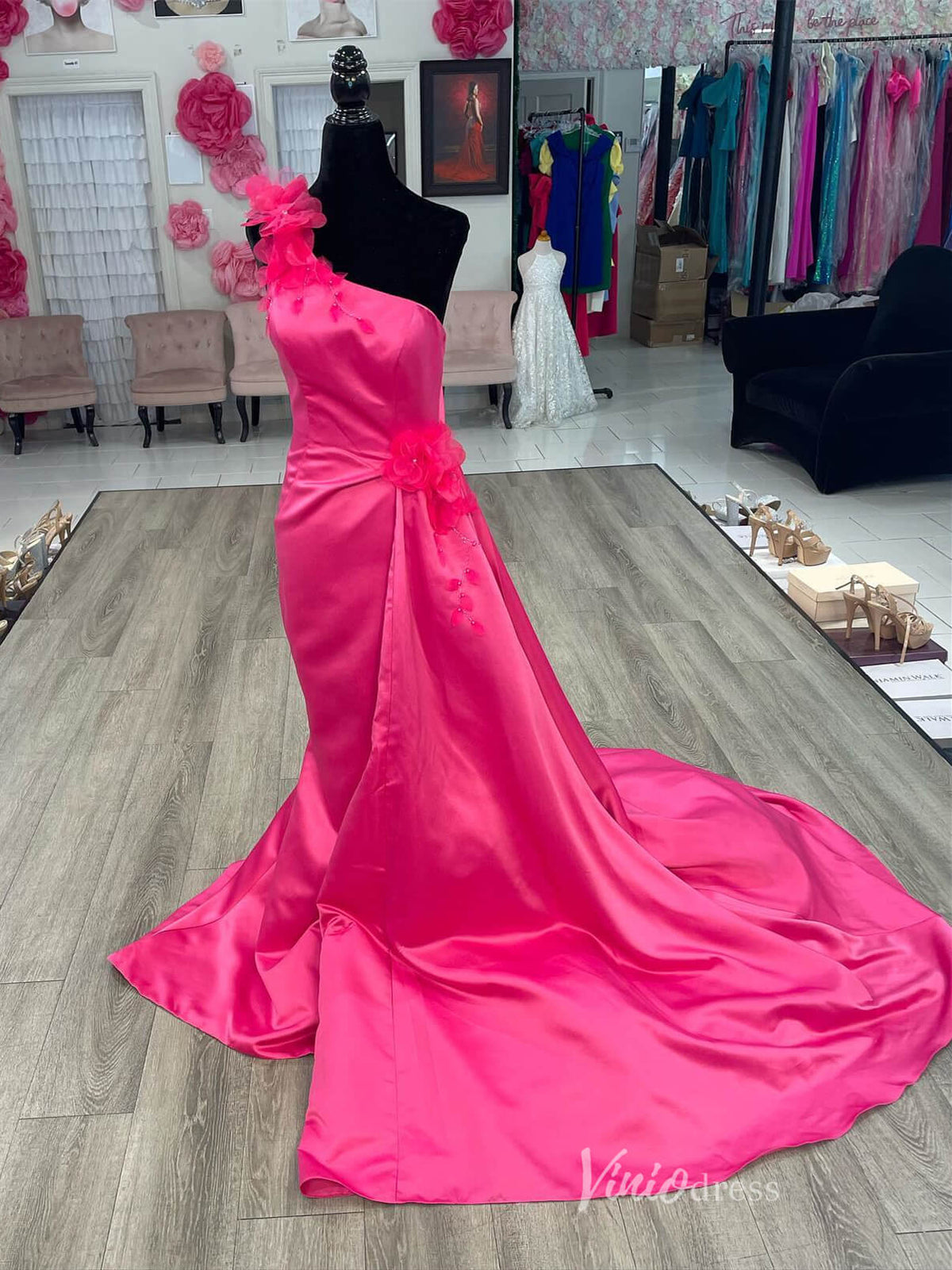 Hot Pink Satin One Shoulder Prom Dresses 3D Flower Formal Gown FD4007-prom dresses-Viniodress-Hot Pink-Custom Size-Viniodress