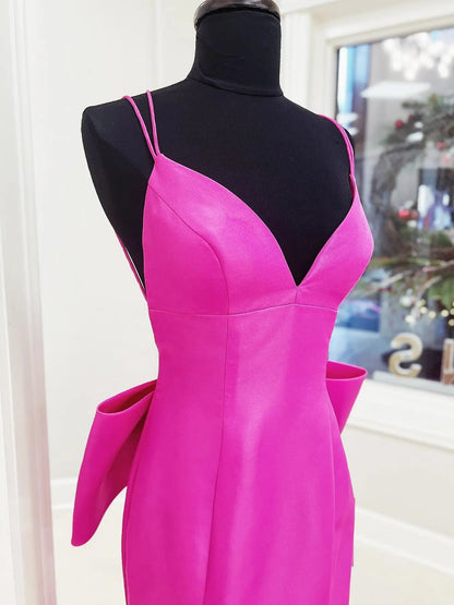 Hot Pink Satin Prom Dress with Bow-Tie, Sweetheart Neckline & Spaghetti Strap – Style FD6058-prom dresses 2025 -Viniodress-Hot Pink-Custom Size-