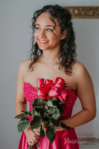 Hot Pink Satin Prom Dress with Lace Corset Bodice, High Slit, and Pockets – AS003-prom dresses 2025 -Viniodress-Hot Pink-Custom Size-