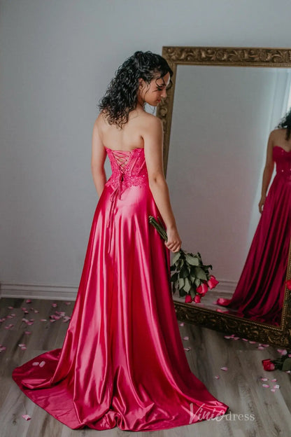 Hot Pink Satin Prom Dress with Lace Corset Bodice, High Slit, and Pockets – AS003-prom dresses 2025 -Viniodress-Hot Pink-Custom Size-