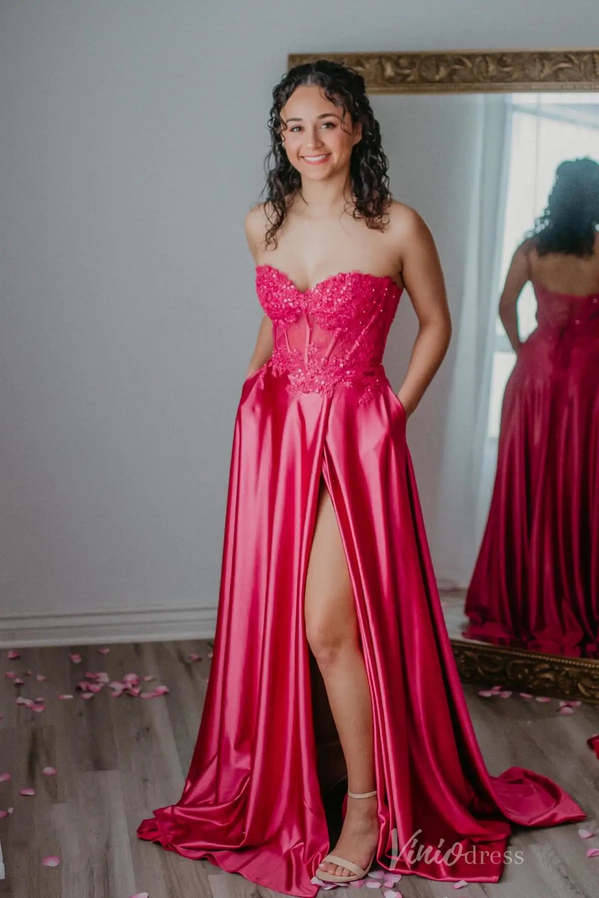 Hot Pink Satin Prom Dress with Lace Corset Bodice, High Slit, and Pockets – AS003-prom dresses 2025 -Viniodress-Hot Pink-Custom Size-