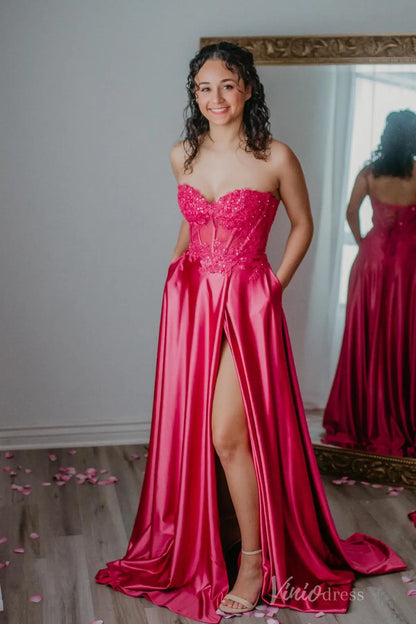 Hot Pink Satin Prom Dress with Lace Corset Bodice, High Slit, and Pockets – AS003-prom dresses 2025 -Viniodress-Hot Pink-Custom Size-