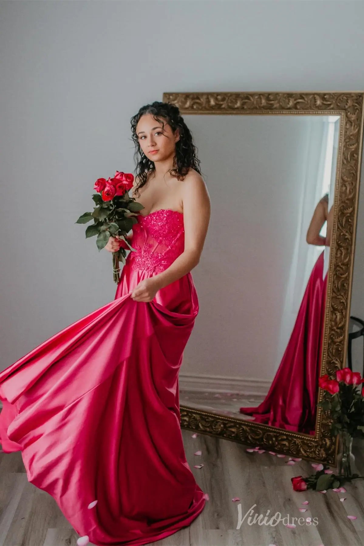 Hot Pink Satin Prom Dress with Lace Corset Bodice, High Slit, and Pockets – AS003-prom dresses 2025 -Viniodress-Hot Pink-Custom Size-