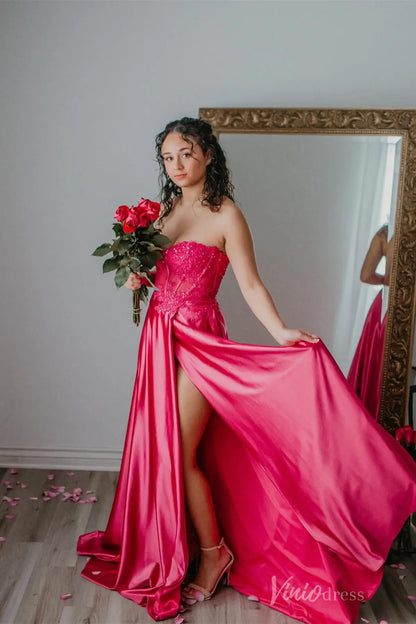 Hot Pink Satin Prom Dress with Lace Corset Bodice, High Slit, and Pockets – AS003-prom dresses 2025 -Viniodress-Hot Pink-Custom Size-