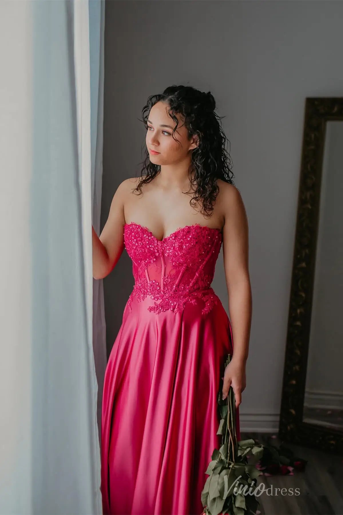 Hot Pink Satin Prom Dress with Lace Corset Bodice, High Slit, and Pockets – AS003-prom dresses 2025 -Viniodress-Hot Pink-Custom Size-