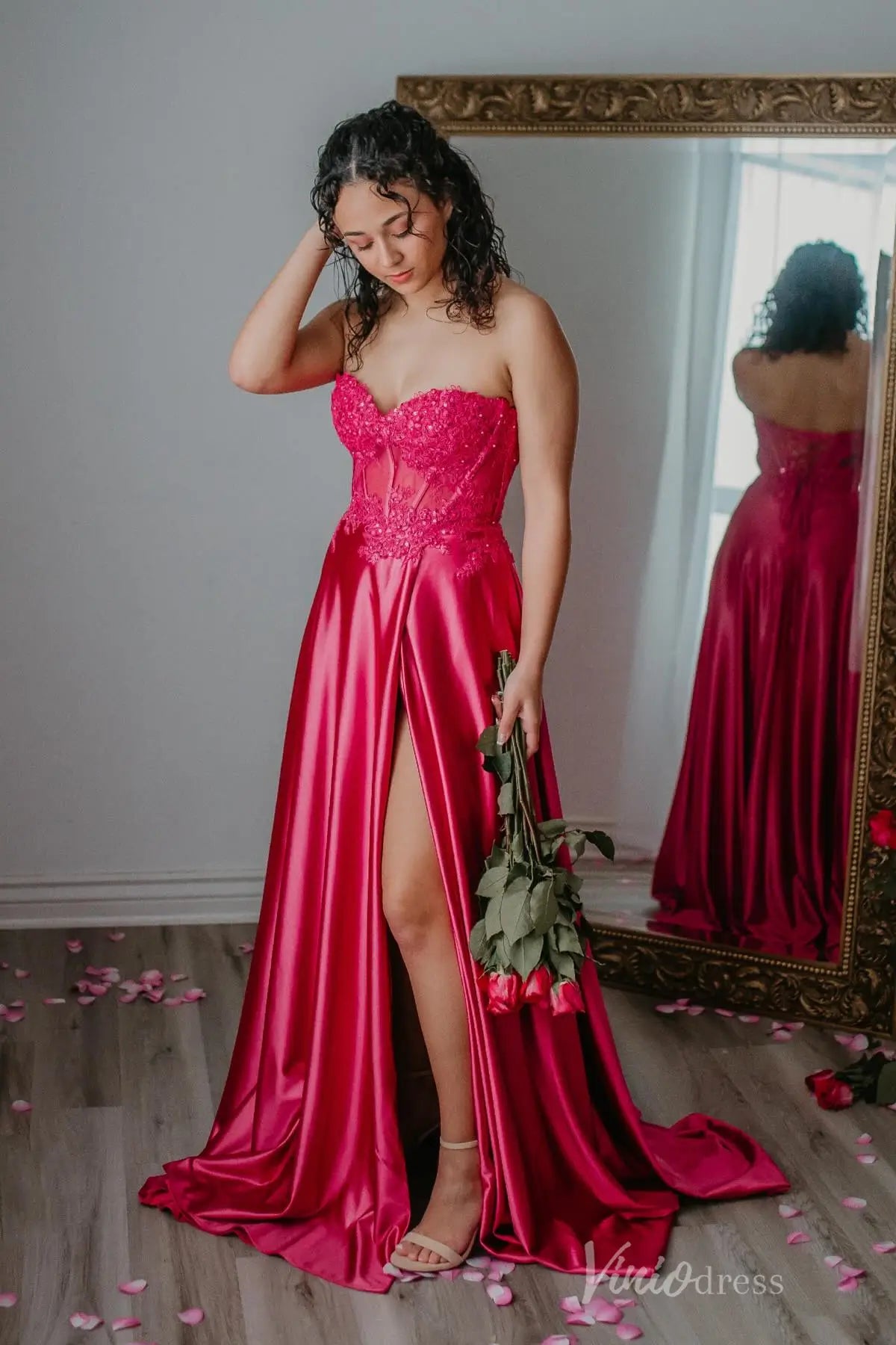 Hot Pink Satin Prom Dress with Corset Lace Bodice and High Slit AS003 Viniodress Hot Pink Satin Prom Dress with Corset Lace Bodice and High Slit AS003 Viniodress