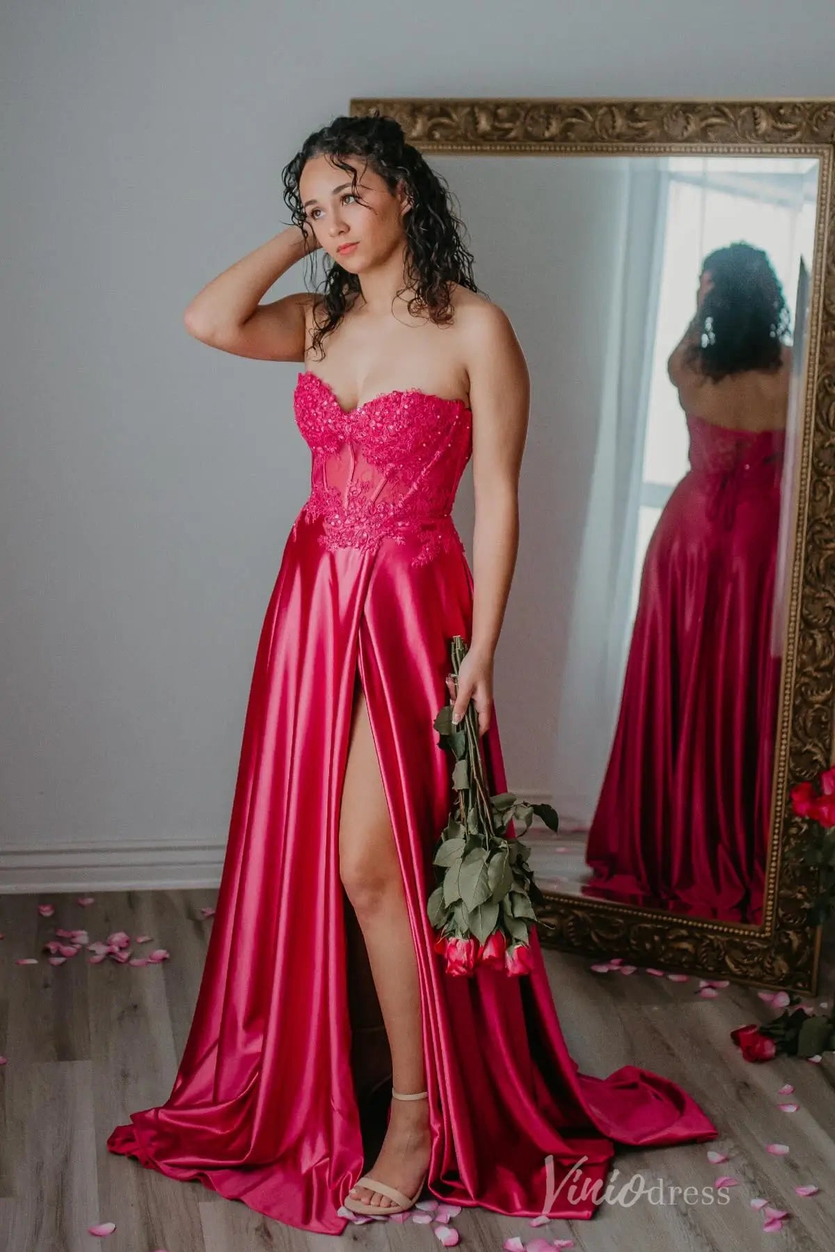 Hot Pink Satin Prom Dress with Corset Lace Bodice and High Slit AS003 Viniodress Hot Pink Satin Prom Dress with Corset Lace Bodice and High Slit AS003 Viniodress