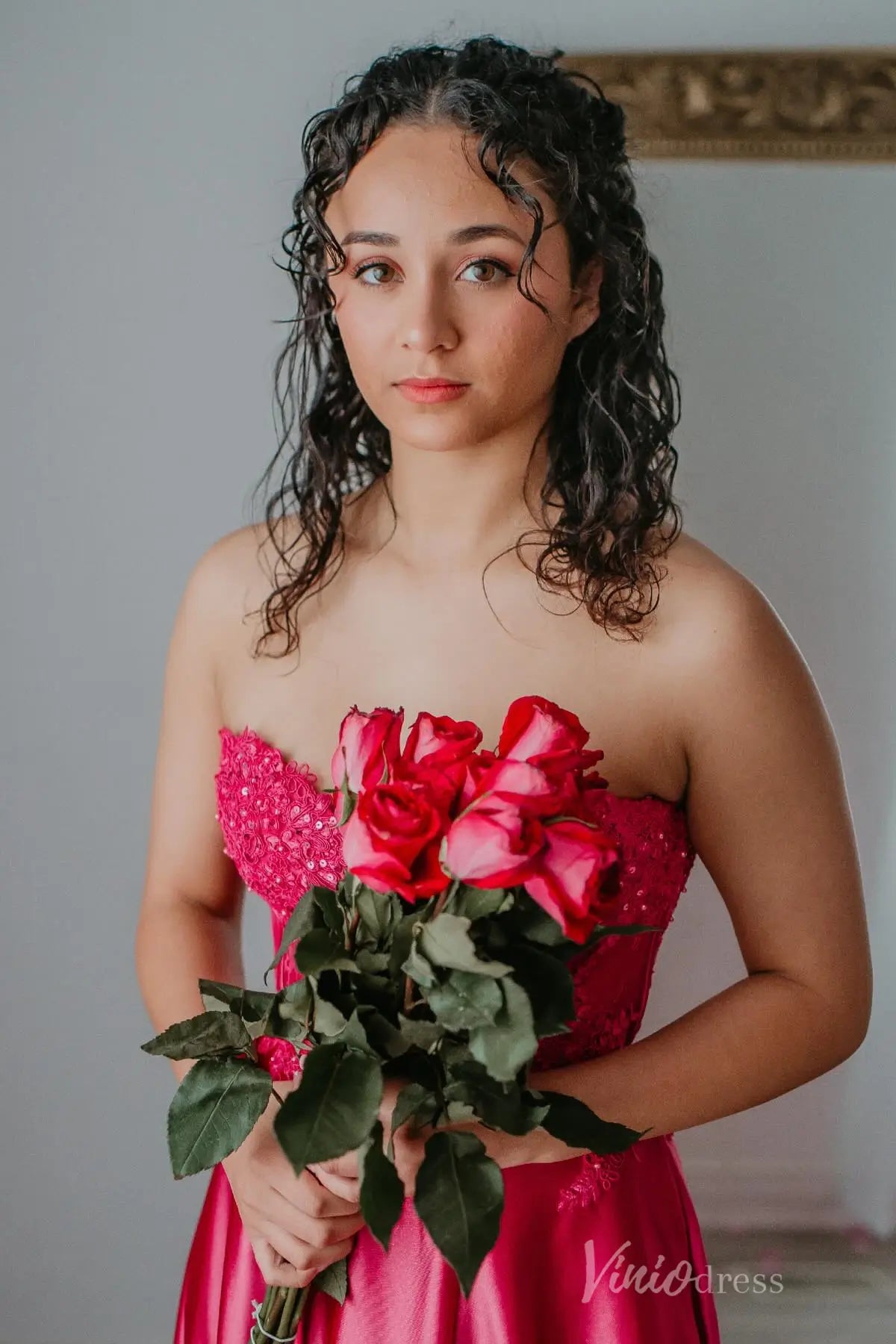 Hot Pink Satin Prom Dress with Lace Corset Bodice, High Slit, and Pockets – AS003-prom dresses 2025 -Viniodress-Hot Pink-Custom Size-