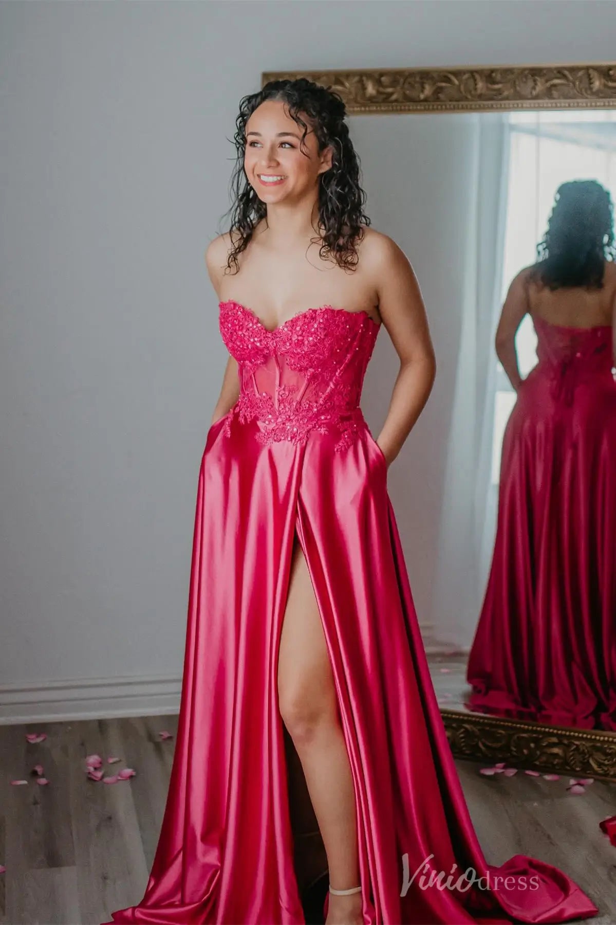 Hot Pink Satin Prom Dress with Lace Corset Bodice, High Slit, and Pockets – AS003-prom dresses 2025 -Viniodress-Hot Pink-Custom Size-