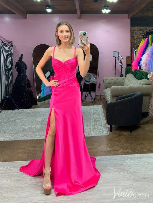 Hot Pink Satin Prom Dress with Slit, Spaghetti Straps, and Corset Bodice – FD6154-prom dresses 2025 -Viniodress-Hot Pink-Custom Size-