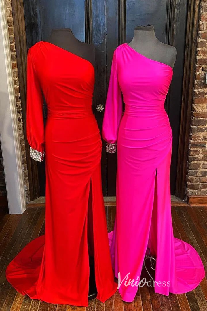 Hot Pink Satin Prom Dresses with Slit One Shoulder Mermaid Evening Dress FD3387-prom dresses 2025 -Viniodress-Hot Pink-Custom Size-