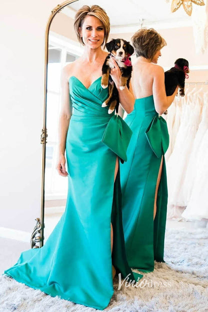 Hot Pink Satin Prom Dresses with Slit, Strapless Mermaid Dress with Bow FD3267-prom dresses 2025 -Viniodress-Green-Custom Size-