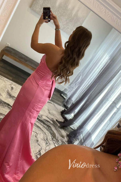 Hot Pink Satin Prom Dresses with Slit, Strapless Mermaid Dress with Bow FD3267-prom dresses 2025 -Viniodress-Hot Pink-Custom Size-