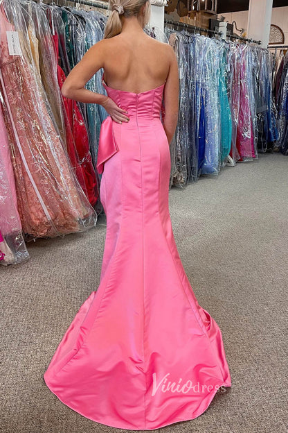 Hot Pink Satin Prom Dresses with Slit, Strapless Mermaid Dress with Bow FD3267-prom dresses 2025 -Viniodress-Hot Pink-Custom Size-