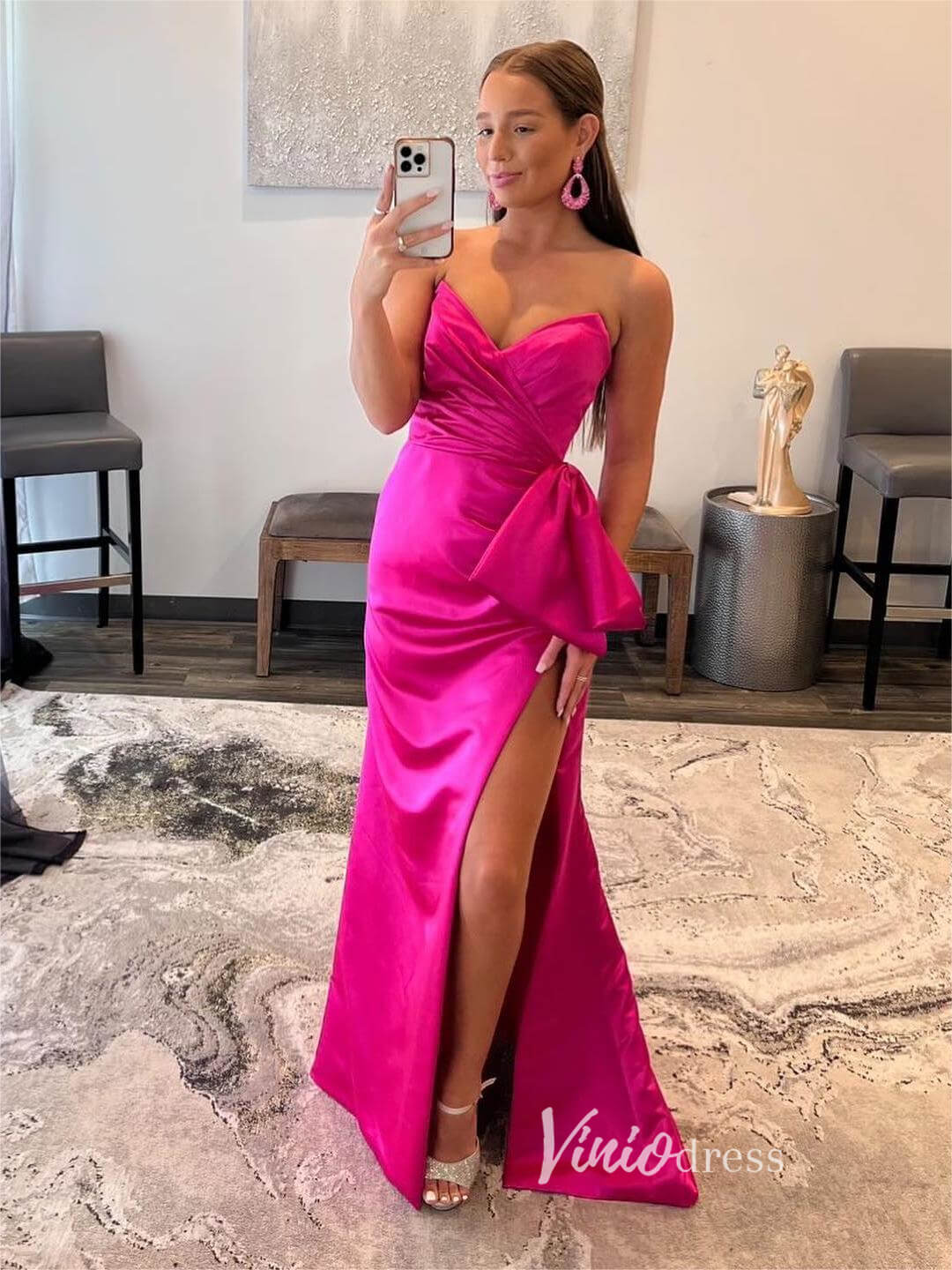 Hot Pink Satin Prom Dresses with Slit, Strapless Mermaid Dress with Bo Viniodress Hot Pink Satin Prom Dresses with Slit, Strapless Mermaid Dress with Bo Viniodress