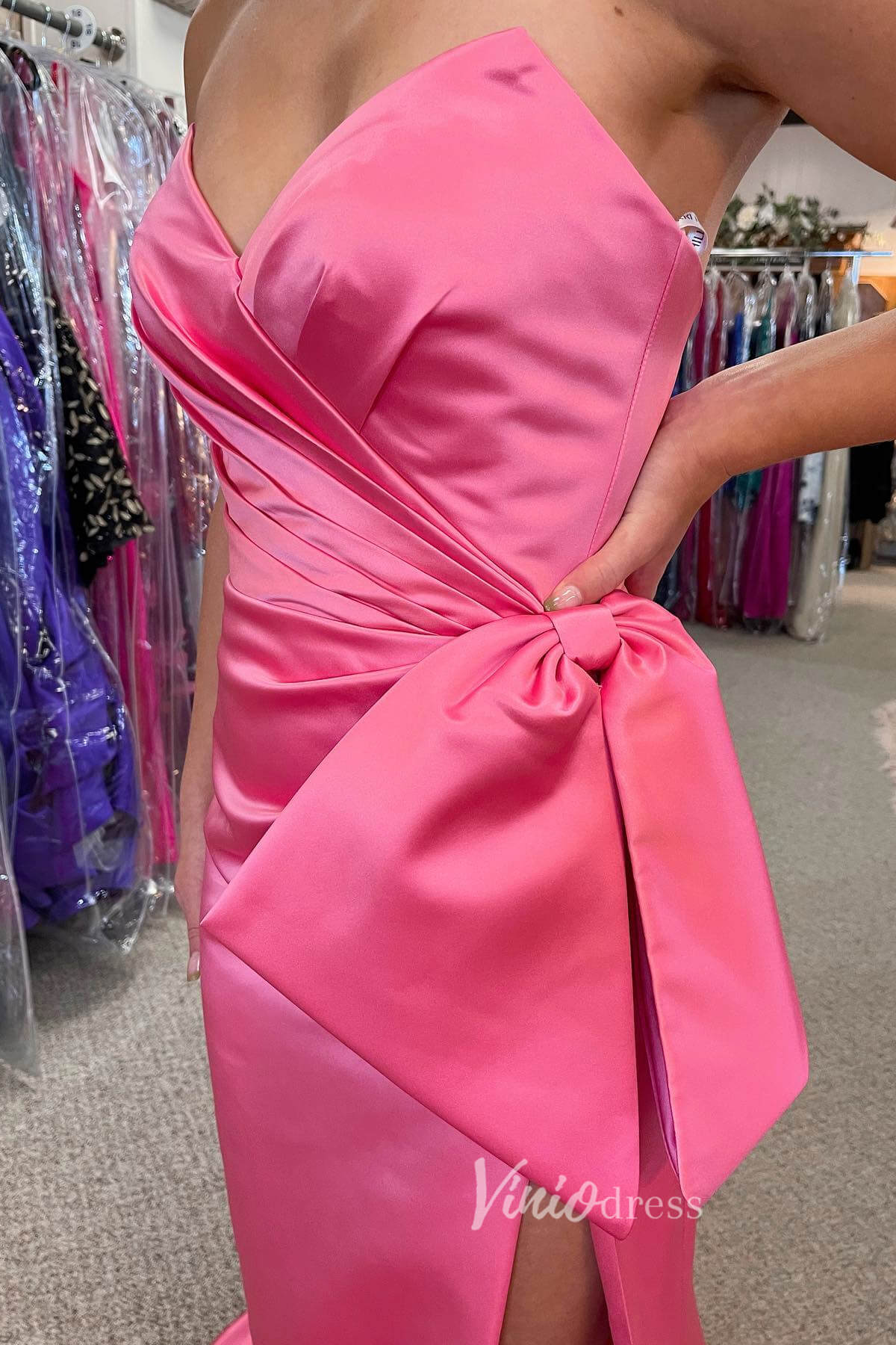 Hot Pink Satin Prom Dresses with Slit, Strapless Mermaid Dress with Bow FD3267-prom dresses 2025 -Viniodress-Hot Pink-Custom Size-
