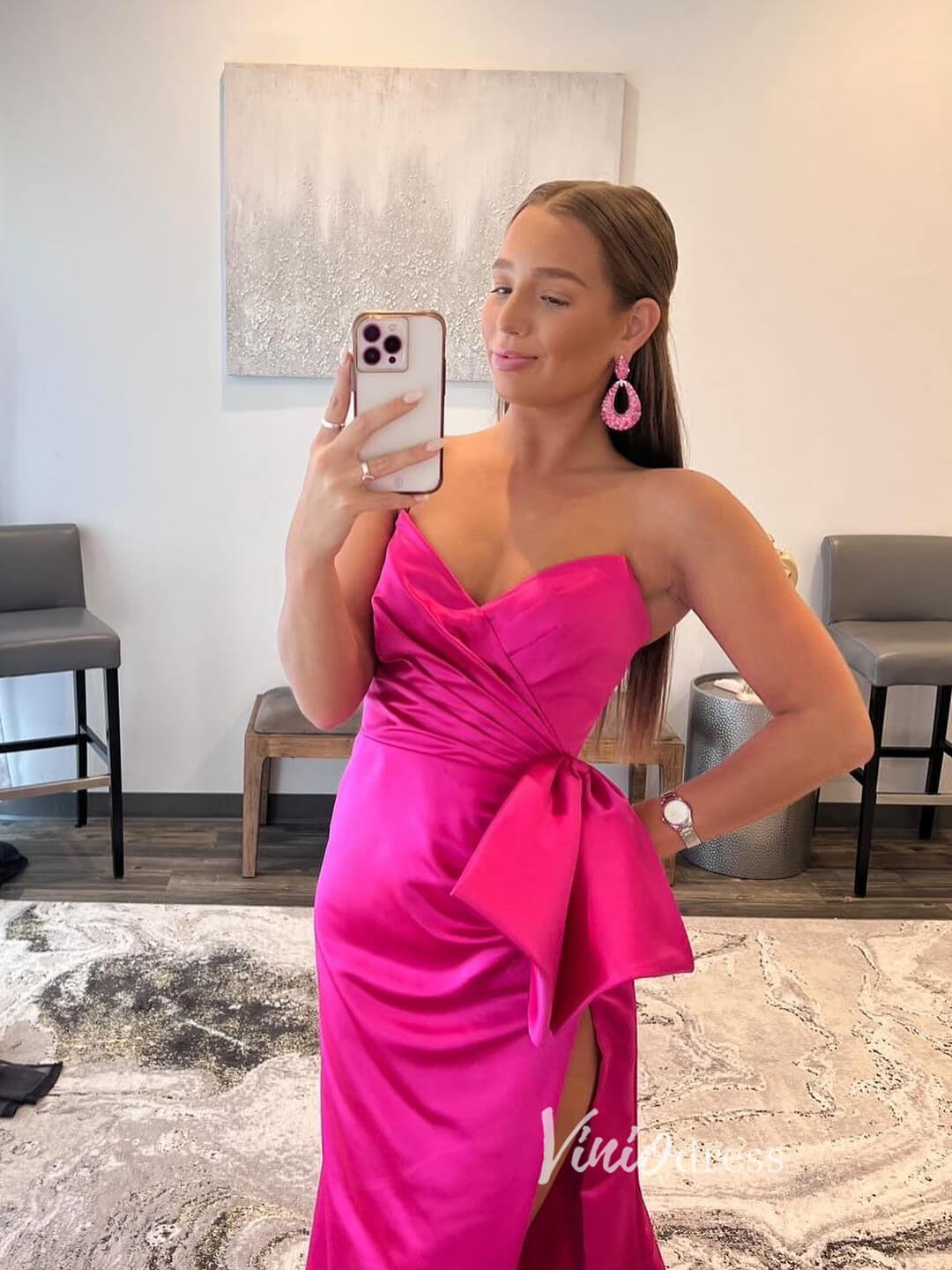 Hot Pink Satin Prom Dresses with Slit, Strapless Mermaid Dress with Bow FD3267-prom dresses 2025 -Viniodress-Hot Pink-Custom Size-