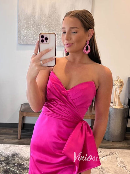 Hot Pink Satin Prom Dresses with Slit, Strapless Mermaid Dress with Bow FD3267-prom dresses 2025 -Viniodress-Hot Pink-Custom Size-