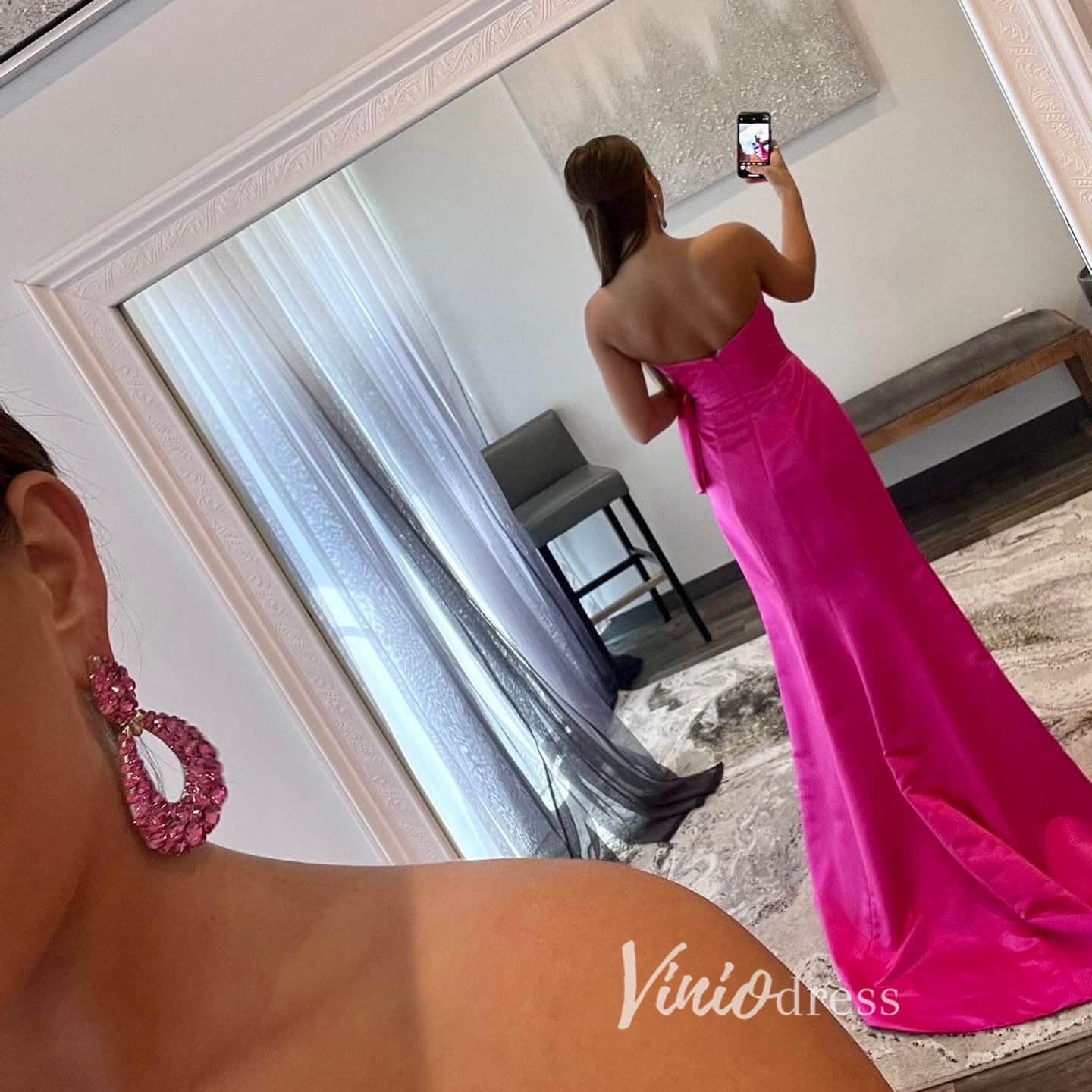 Hot Pink Satin Prom Dresses with Slit, Strapless Mermaid Dress with Bow FD3267-prom dresses 2025 -Viniodress-Hot Pink-Custom Size-
