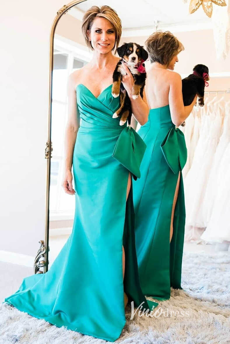 Hot Pink Satin Prom Dresses with Slit, Strapless Mermaid Dress with Bow FD3267-prom dresses 2025 -Viniodress-Green-Custom Size-