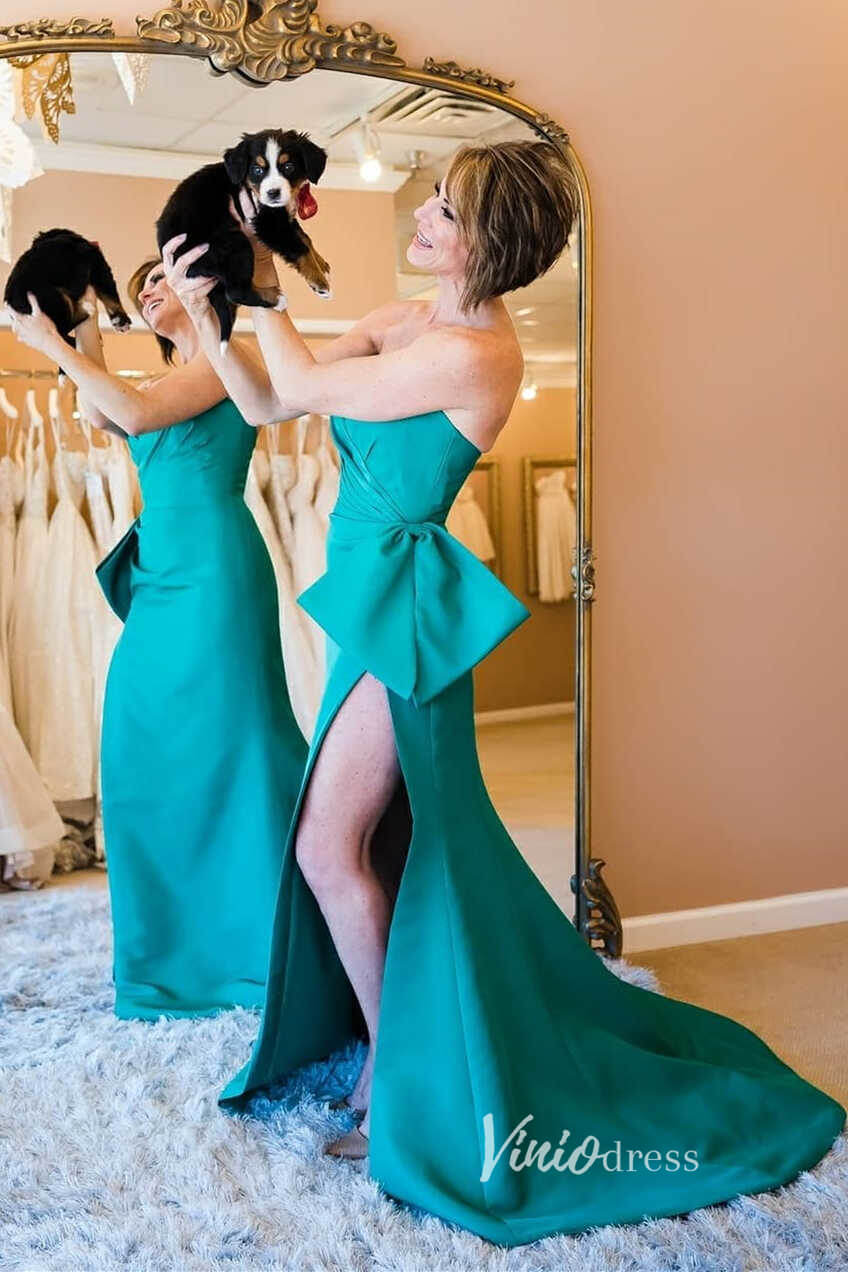 Hot Pink Satin Prom Dresses with Slit, Strapless Mermaid Dress with Bo Viniodress Hot Pink Satin Prom Dresses with Slit, Strapless Mermaid Dress with Bo Viniodress