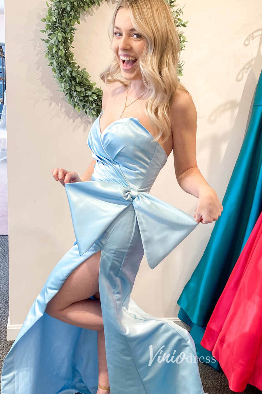 Prom Dress 2025 Hot Pink Satin Prom Dresses with Slit, Strapless Mermaid Dress with Bow FD3267-unique prom dresses-Light Blue-Custom Size-Viniodress