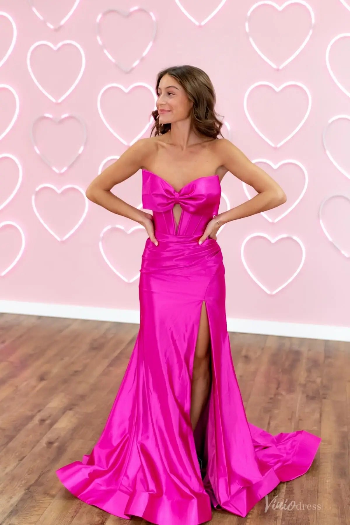 Hot Pink Satin Strapless Corset Prom Dress with Bow Front & High Slit – SS205-prom dresses 2026-Viniodress-Hot Pink-Custom Size-