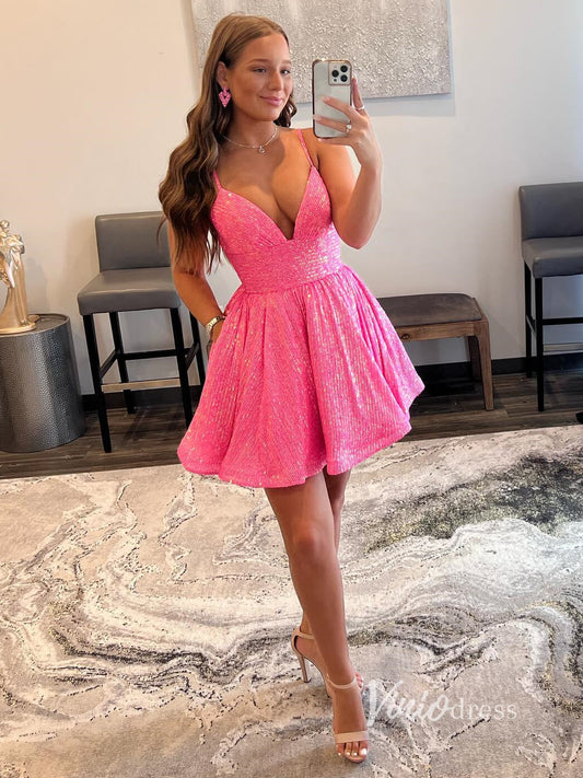 Hot Pink Sequin Homecoming Dress With Pockets Graduation Dresses SD1463-Homecoming Dresses 2025 -Viniodress-Hot Pink-Custom Size-
