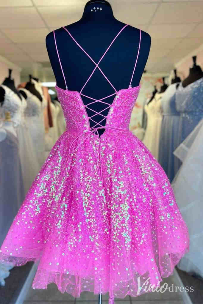 Hot Pink Sequin Homecoming Dresses Spaghetti Strap Short Prom Dress SD1650-Homecoming Dresses-Viniodress-Viniodress