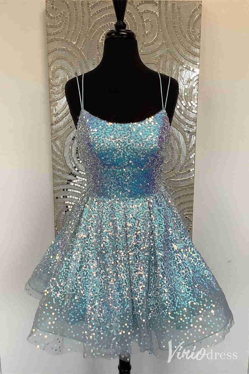 Hot Pink Sequin Homecoming Dresses Spaghetti Strap Short Prom Dress SD1650-Homecoming Dresses-Viniodress-Dusty Blue-Custom Size-Viniodress