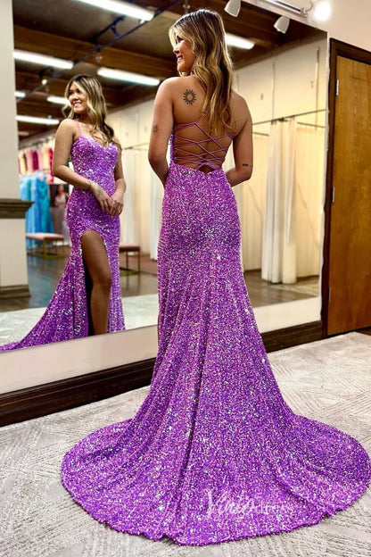 Hot Pink Sequin Prom Dresses with Slit, Lace-up Back, Spaghetti Strap Formal Dresses FD1438-prom dresses 2025 -Viniodress-Hot Pink-Custom Size-