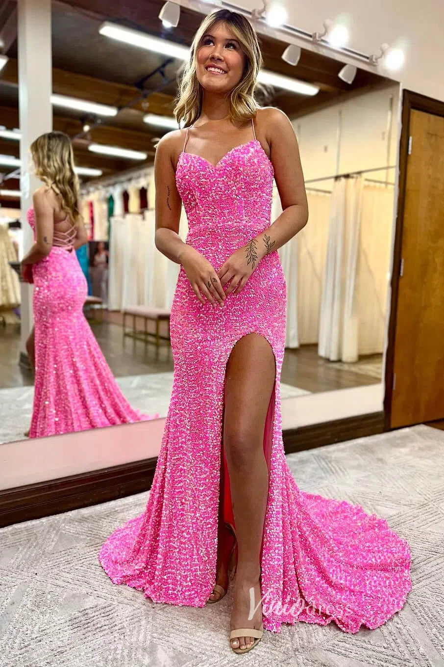 Hot Pink Sequin Prom Dresses with Slit, Lace-up Back, Spaghetti Strap Formal Dresses FD1438-prom dresses 2025 -Viniodress-Hot Pink-Custom Size-