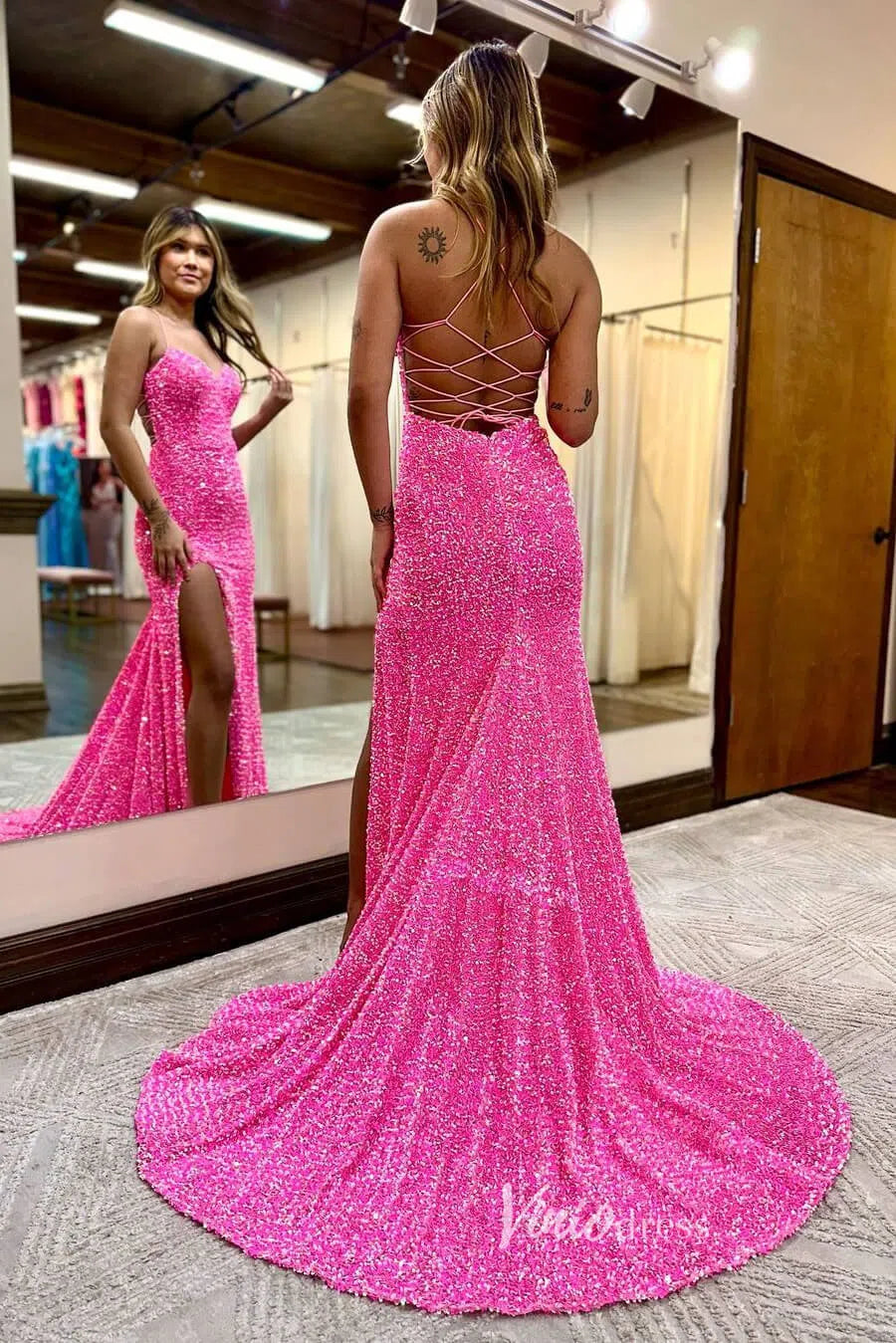 Hot Pink Sequin Prom Dresses with Slit, Lace-up Back, Spaghetti Strap Viniodress Hot Pink Sequin Prom Dresses with Slit, Lace-up Back, Spaghetti Strap Viniodress