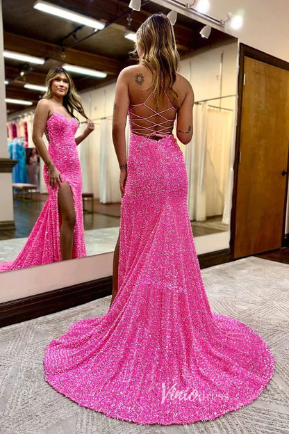 Hot Pink Sequin Prom Dresses with Slit, Lace-up Back, Spaghetti Strap Formal Dresses FD1438-prom dresses 2025 -Viniodress-Hot Pink-Custom Size-