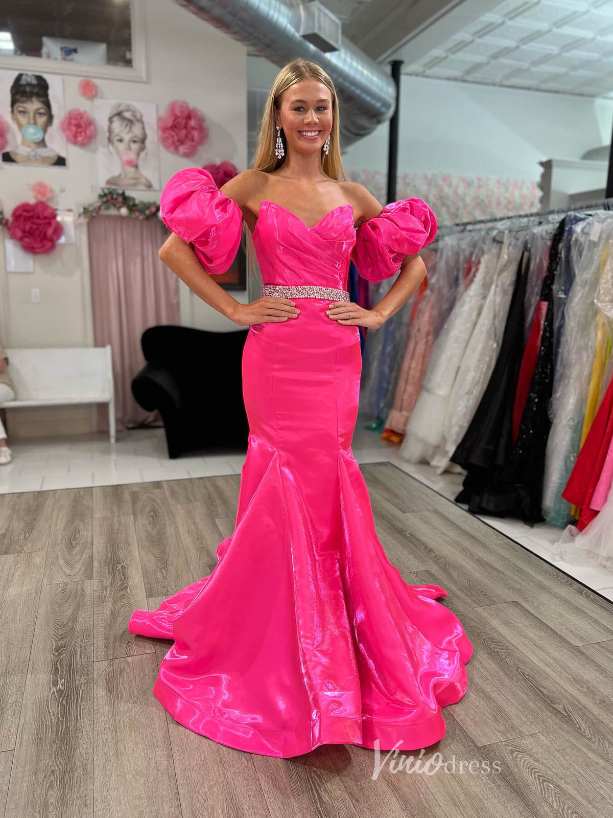 Hot Pink Shiny Satin Mermaid Prom Dresses Puffed Sleeve Pleated Bodice FD4038-prom dresses-Viniodress-Hot Pink-Custom Size-Viniodress