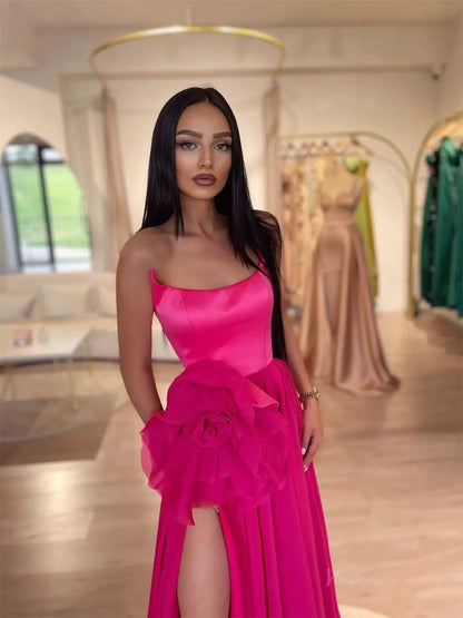 Hot Pink Strapless Chiffon Prom Dresses 2025 Formal Dress with High Slit & 3D Flower FD5228-prom dresses 2025 -Viniodress-Hot Pink-Custom Size-