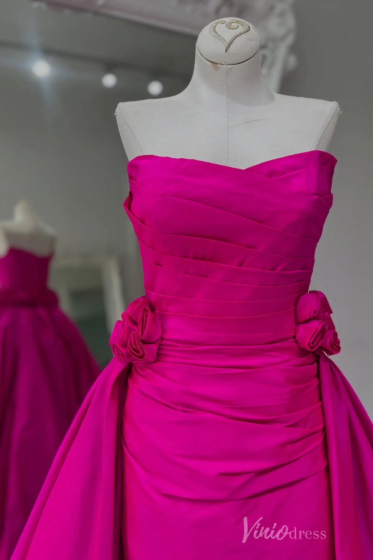 Hot Pink Strapless Pageant Dress with Pleated Bodice, Rosette Accents, and Overskirt – PG004-prom dresses 2025 -Viniodress-Hot Pink-Custom Size-