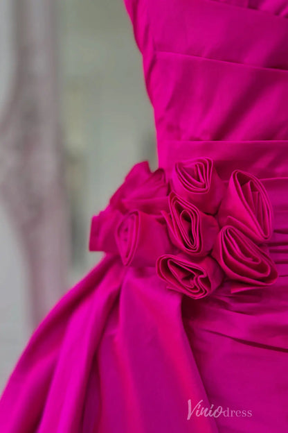 Hot Pink Strapless Pageant Dress with Pleated Bodice, Rosette Accents, and Overskirt – PG004-prom dresses 2025 -Viniodress-Hot Pink-Custom Size-