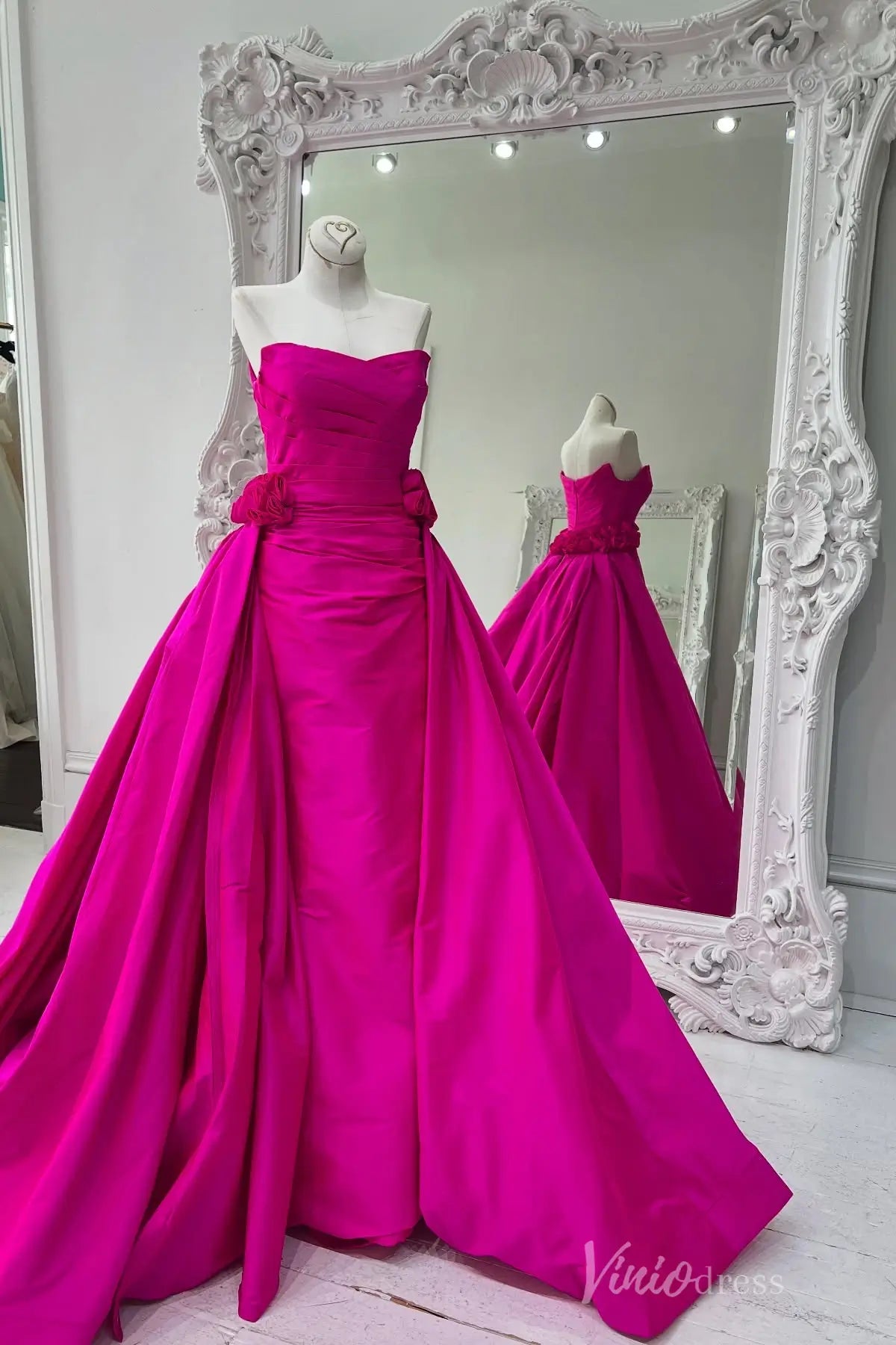Hot Pink Strapless Pageant Dress with Pleated Bodice, Rosette Accents, and Overskirt – PG004-prom dresses 2025 -Viniodress-Hot Pink-Custom Size-