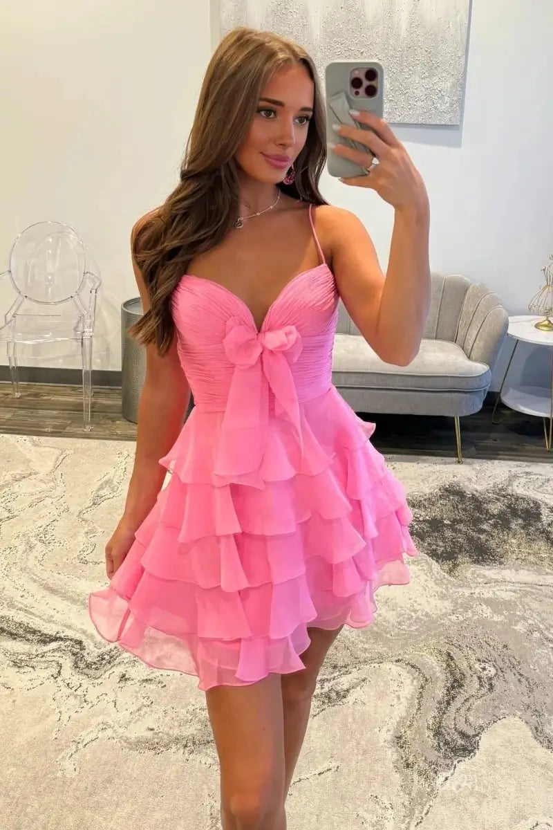 Hot Pink Strapless Ruffle Tiered Mini Homecoming Dress with Sweetheart Neckline & Bow – H1181-Homecoming Dresses 2025 -Viniodress-Pink-Custom Size-