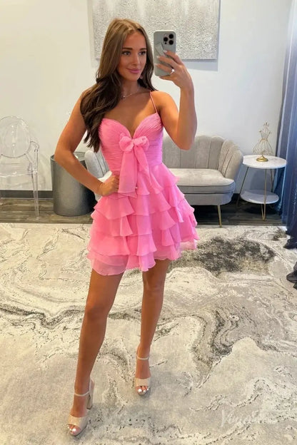 Hot Pink Strapless Ruffle Tiered Mini Homecoming Dress with Sweetheart Neckline & Bow – H1181-Homecoming Dresses 2025 -Viniodress-Pink-Custom Size-