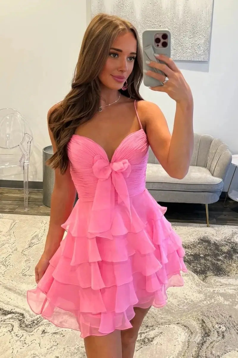 Hot Pink Strapless Ruffle Tiered Mini Homecoming Dress with Sweetheart Neckline & Bow – H1181-Homecoming Dresses 2025 -Viniodress-Pink-Custom Size-