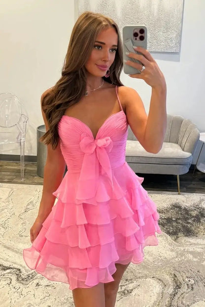 Hot Pink Strapless Ruffle Tiered Mini Homecoming Dress with Sweetheart Neckline & Bow – H1181-Homecoming Dresses 2025 -Viniodress-Pink-Custom Size-